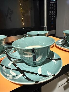 Weil Ware Hand-Painted Turquoise Ceramic Teacup and Saucer Set - 4 Pieces